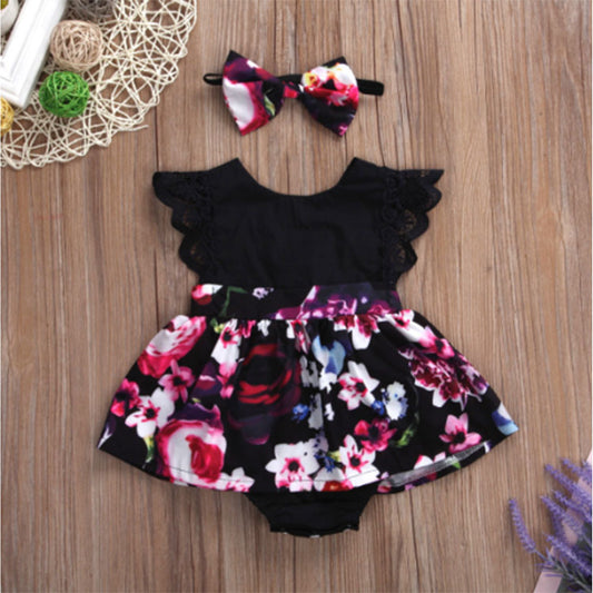 Beauty Baby One-Piece Ha Skirt Romper Summer Short-Sleeved New Style Flying Sleeve Flower Children's Print