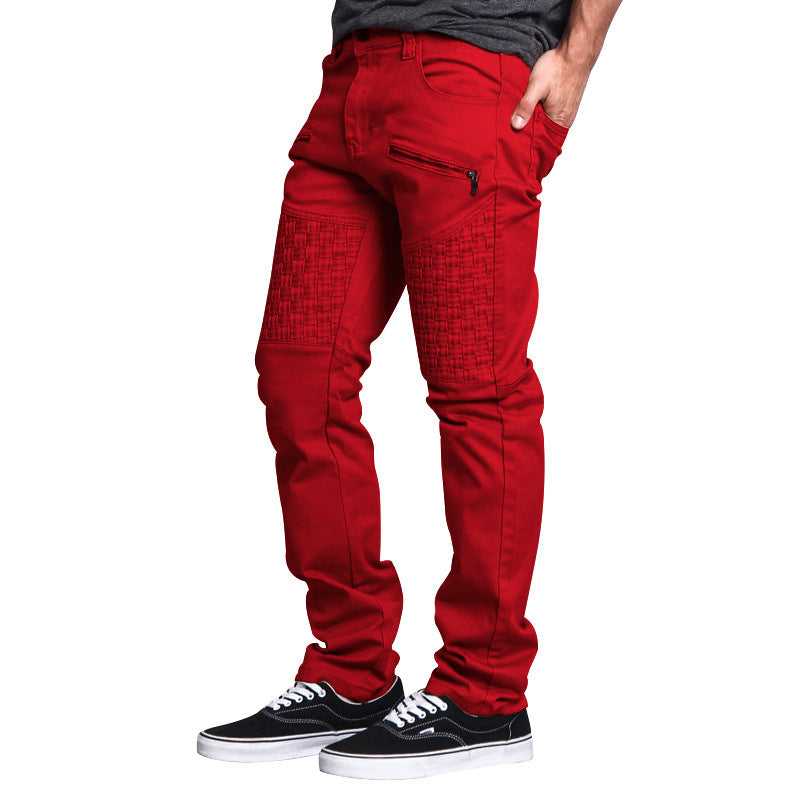 Casual Autumn Men's Personality Leather Stitching Thin Straight-leg Trousers