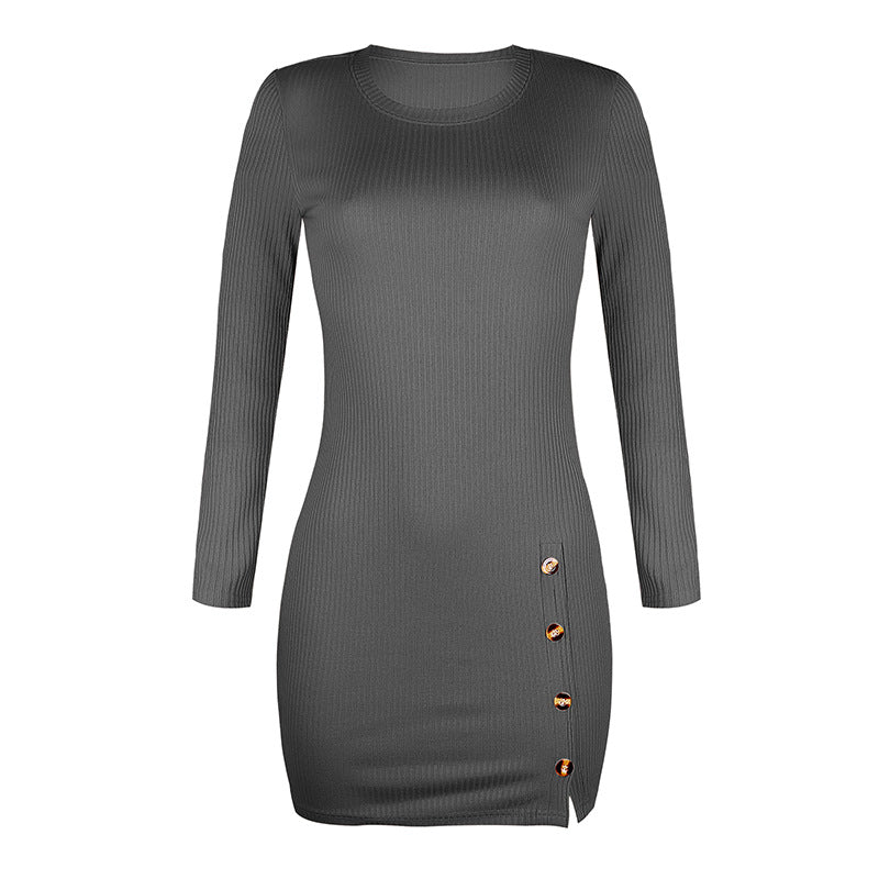 Button Sexy Bag Hip Long-sleeved Dress Autumn And Winter