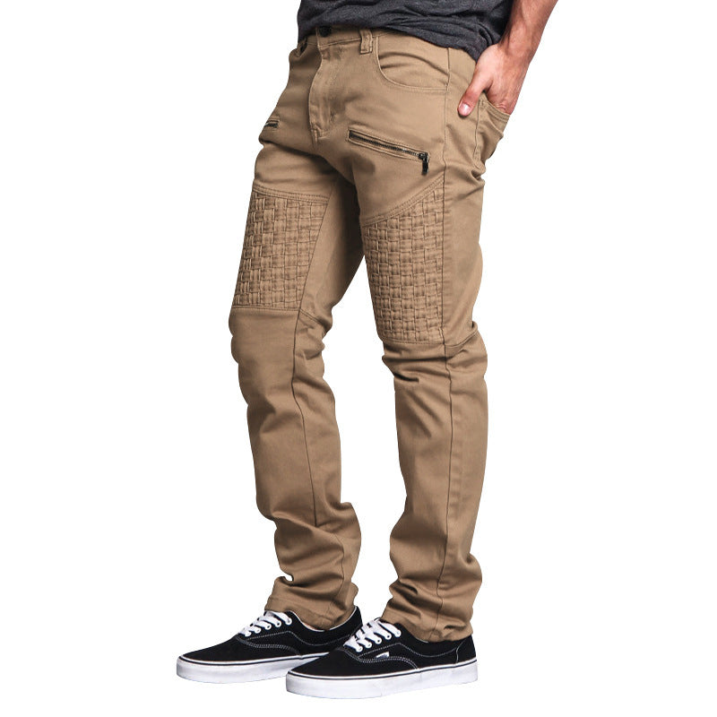 Casual Autumn Men's Personality Leather Stitching Thin Straight-leg Trousers