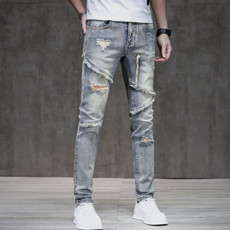 Distressed Raw Hem Ripped Stitching Stretch Denim Trousers