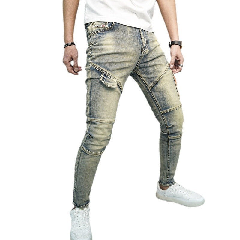 Spring And Summer All-matching Elastic Stitching Skinny Fashion And Handsome Zipper Decorations Men's Jeans