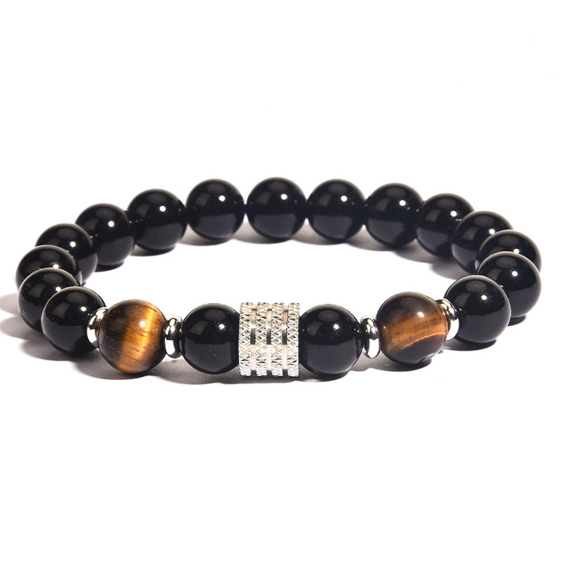 Stainless Steel Tiger Eye Obsidian Bright Black Beads Men's Bracelet