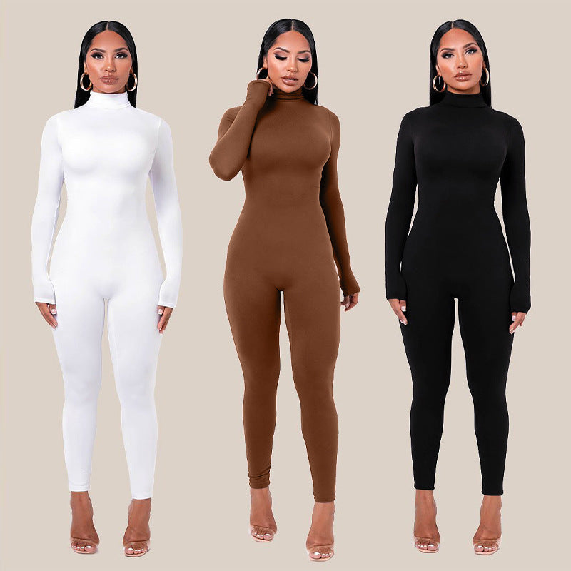 Women's jumpsuit Autumn And Winter Solid Colour Tight Long Sleeve Fleece-lined