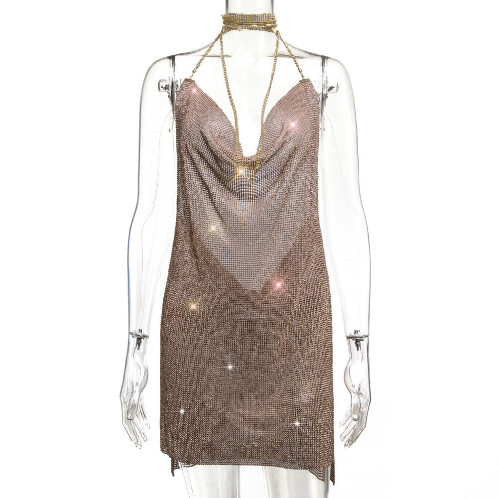 Backless Metal Sequins V-neck Brace Halter Dress