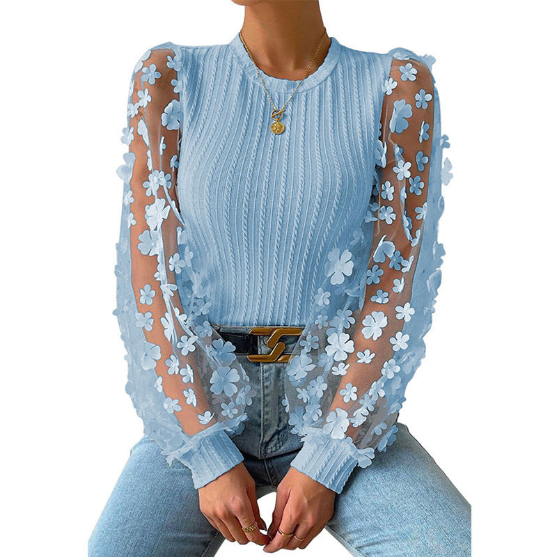 Women's Mesh Small Flower Chiffon Shirt Summer Round Neck Long Sleeve Top