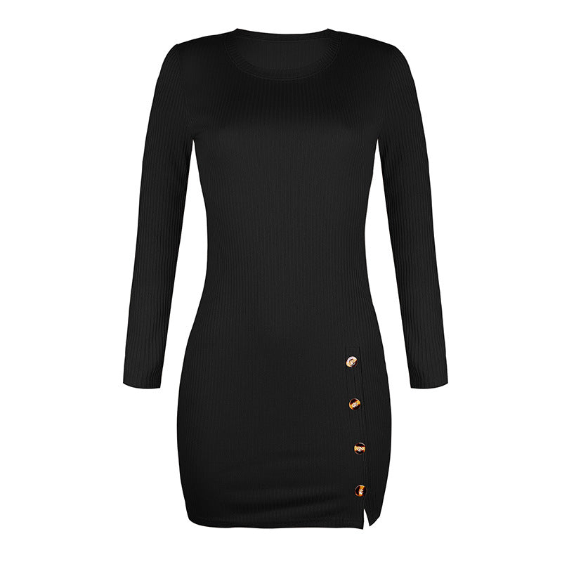 Button Sexy Bag Hip Long-sleeved Dress Autumn And Winter